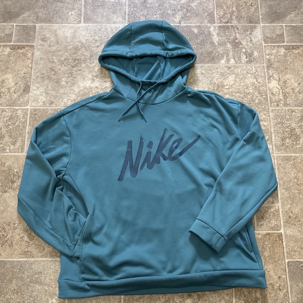 NIKE Therma Fit Hoodie Large Teal Blue Spell Out Hoodie Sweatshirt Athliesure